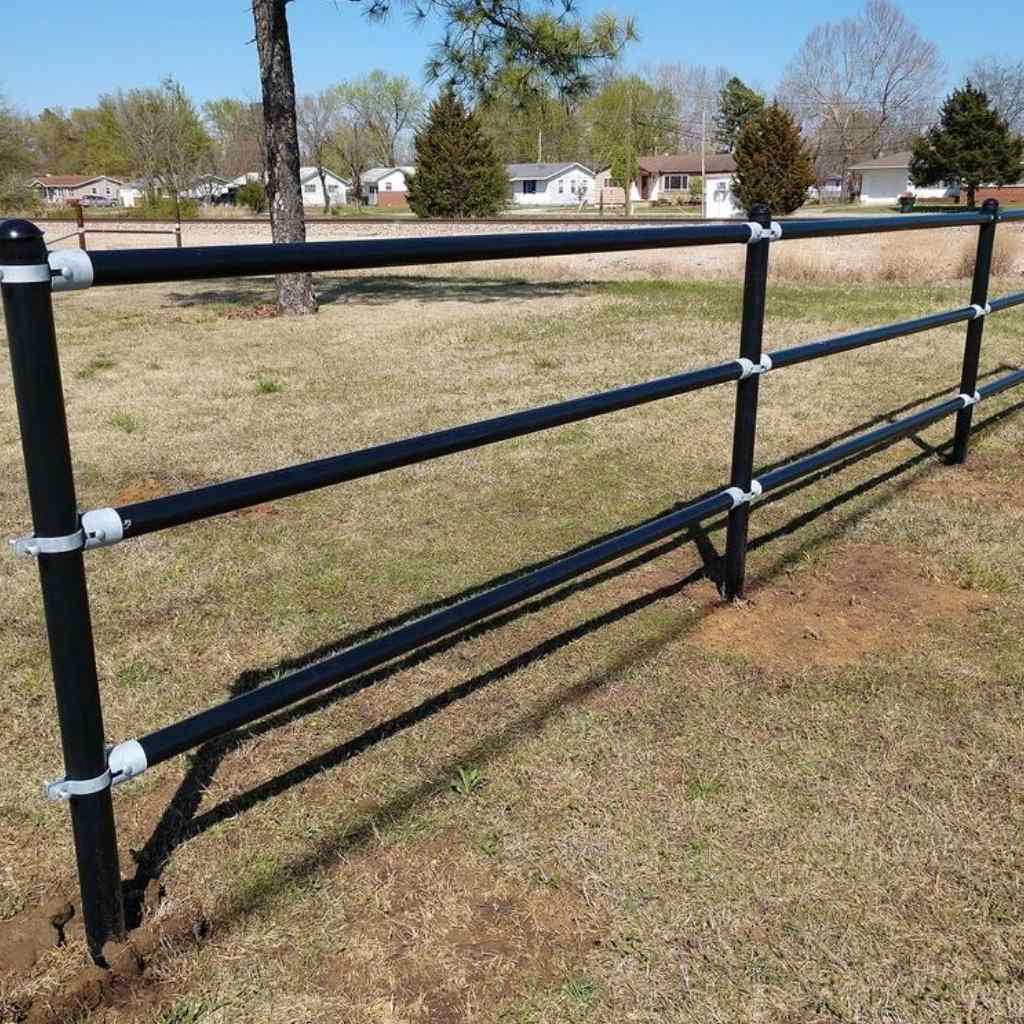 3 rail pipe and rail fence installed using Bullet Fence Systems rail fence kits. Check out the fence calculator  at bulletfence.com for your rail fence project needs. 