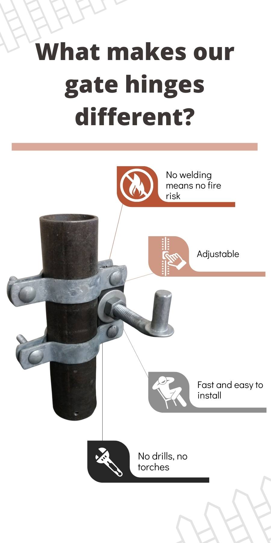Bullet Fence Systems- what makes our gate hinges different? No welding means no fire risk, adjustable, fast and easy to install, no drills, no torches 