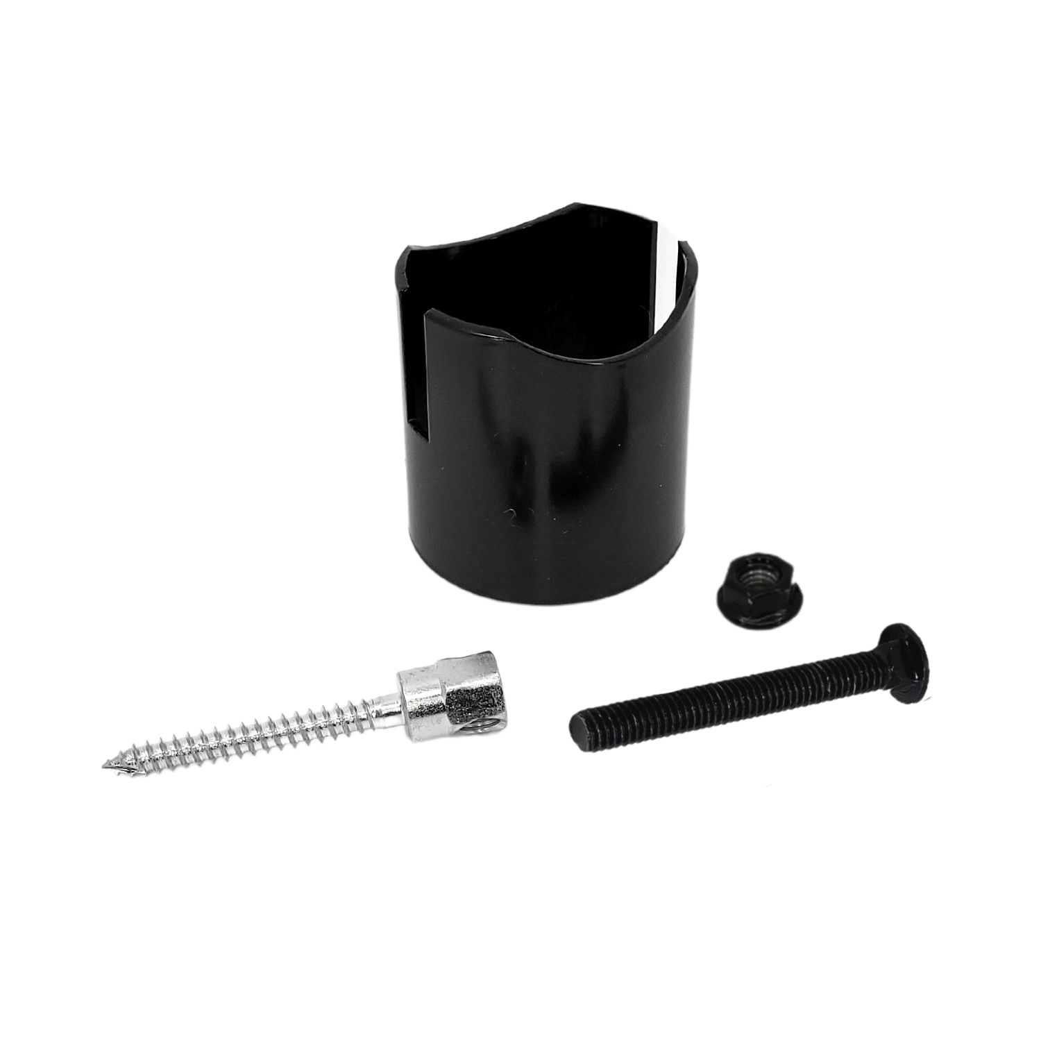 Illustration of Bullet Fence System's painted rail terminal kit installed. Kit includes a one-way band, one straight rail sleeve sleeve, and the associated hardware to complete a rail fence end simple and easy. 