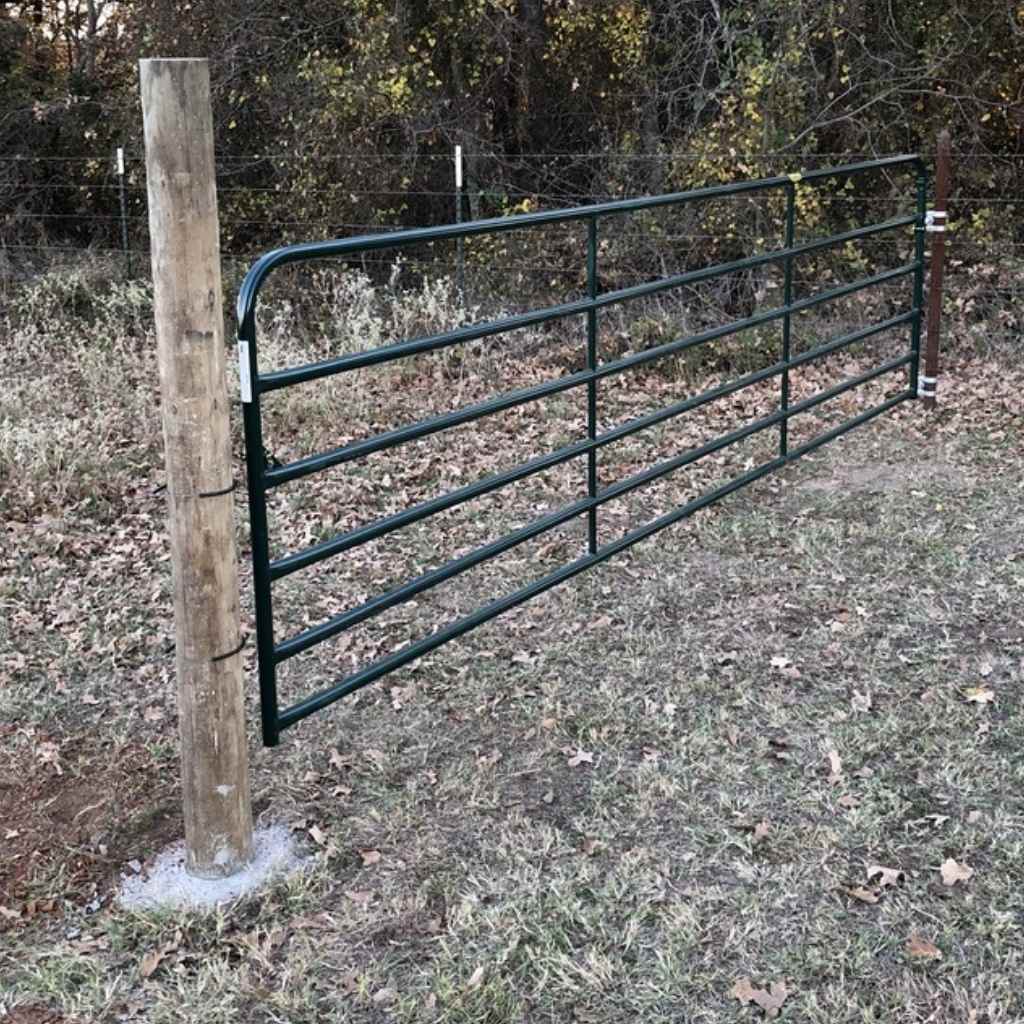 Farm gate installed using Bullet Fence System&#39;s adjustable gate hinge