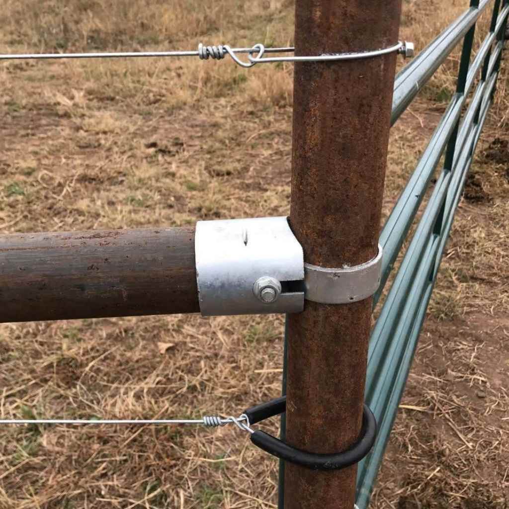 Close up of one side of a pipe H brace kit installed using Bullet Fence Systems. If you are building pipe h braces but running into obstacles, explore bulletfence.com for simple and safe fencing solutions. 