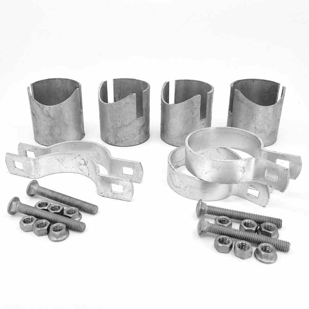 Illustration of Bullet Fence System's NN brace kit. This double angled fence brace kit includes two-way bands, making for a seamless look on middle fence post. 