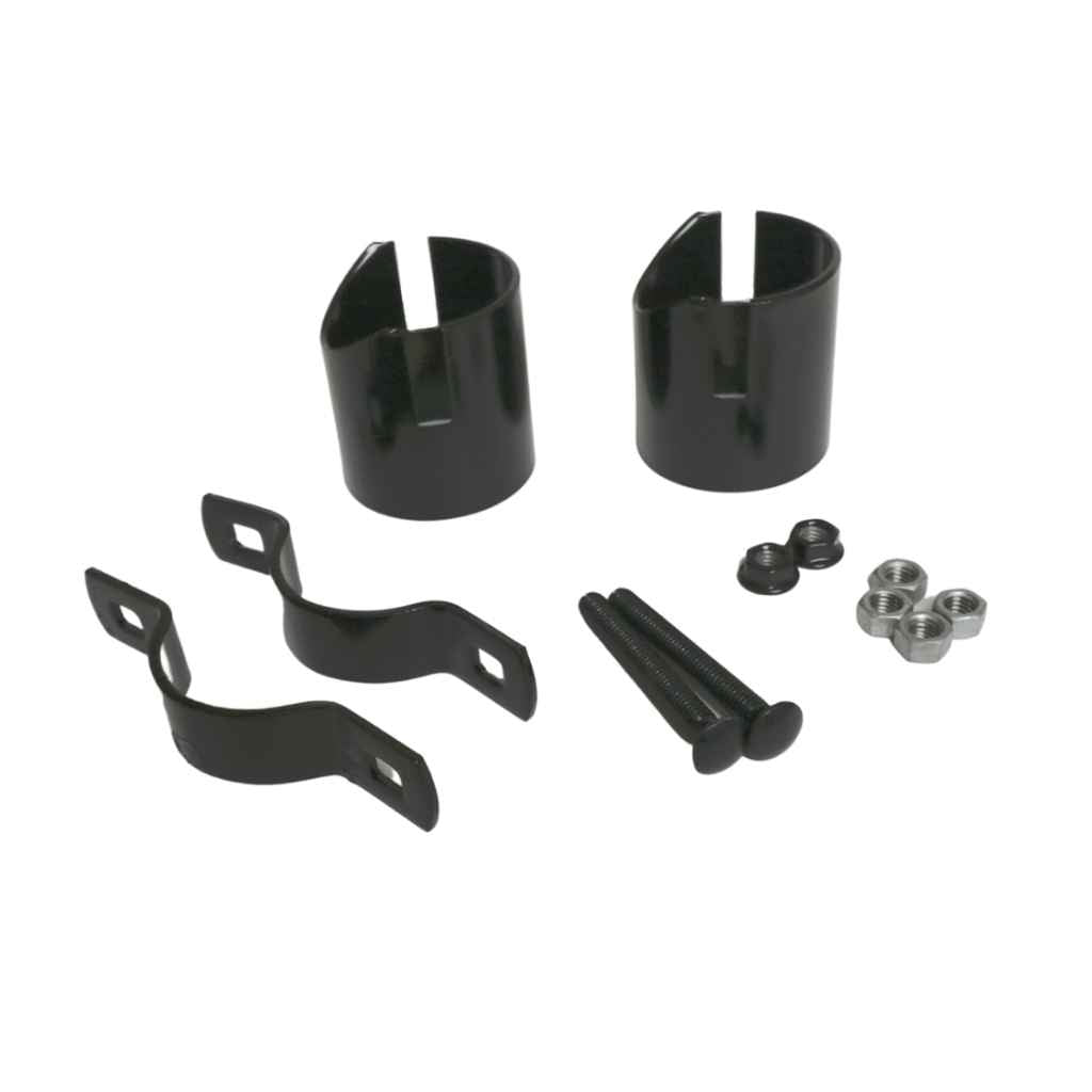 Illustration of a painted rail pipe fence made using Bullet Fence Systems. This black powder coated kit includes Fence Bullets (pipe rail sleeves), two-way bands, and hardware that is all powder coated for a seamless welded look without the welding. If you are looking to install a pipe rail fence and want simplicity of simple tools and installation, look no further. Shop painted rail fence kits today at bulletfence.com. 